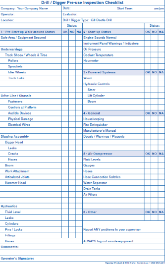 drill digger pre use inspection checklist crownmax com home inspection checklist forms